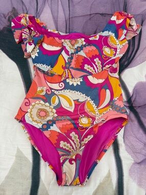 Trina Turk Pink Multi Floral Ruffle-Sleeve One-Piece Swimsuit